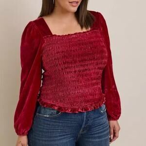 TORRID Red Velvet Smocked Blouson Sleeve Top Romantic Peasant Plus Size 1X